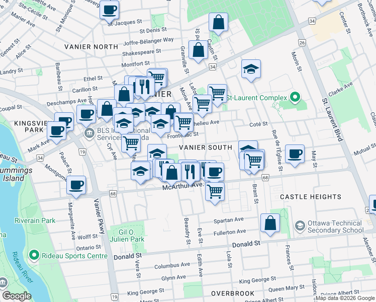 map of restaurants, bars, coffee shops, grocery stores, and more near 328 Blake Boulevard in Ottawa