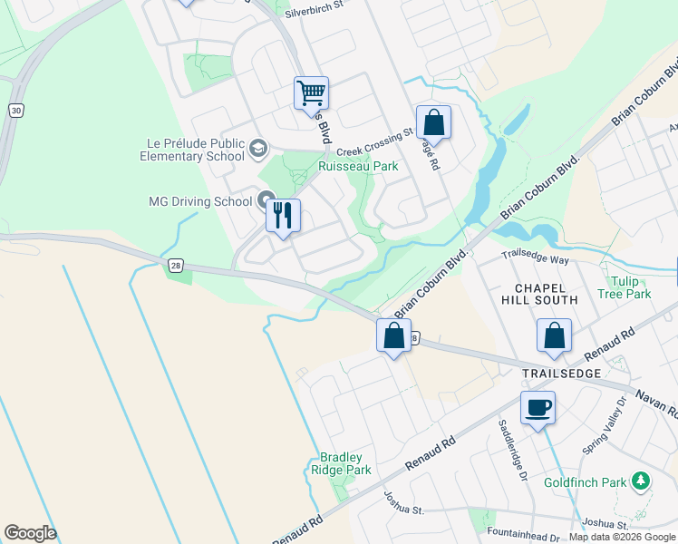 map of restaurants, bars, coffee shops, grocery stores, and more near 2159 Blue Willow Crescent in Ottawa
