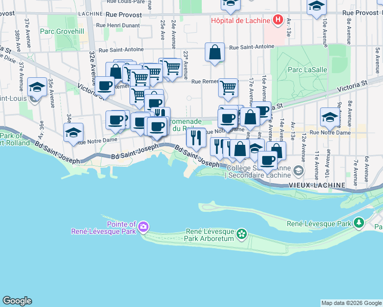 map of restaurants, bars, coffee shops, grocery stores, and more near 2150 Boulevard Saint Joseph in Montréal