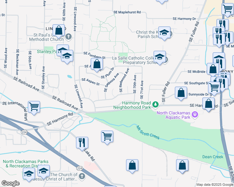 map of restaurants, bars, coffee shops, grocery stores, and more near 6715 Southeast Hemlock Street in Milwaukie