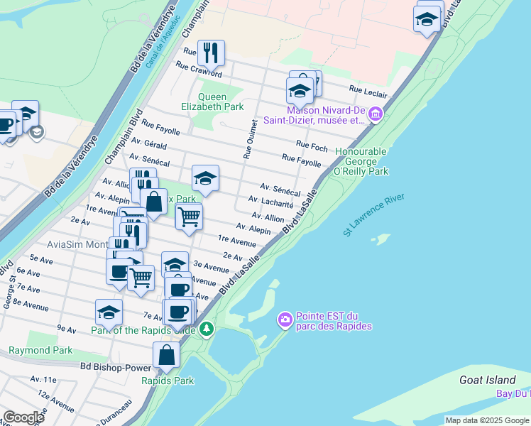 map of restaurants, bars, coffee shops, grocery stores, and more near 153 Avenue Allion in Montréal