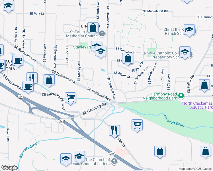 map of restaurants, bars, coffee shops, grocery stores, and more near 12459 Southeast Linwood Avenue in Portland