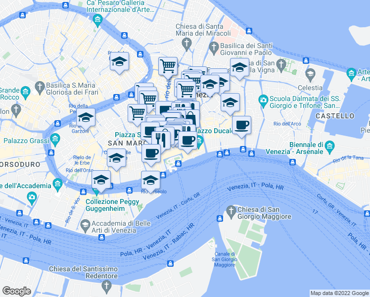 map of restaurants, bars, coffee shops, grocery stores, and more near 13 Piazza San Marco in Venice