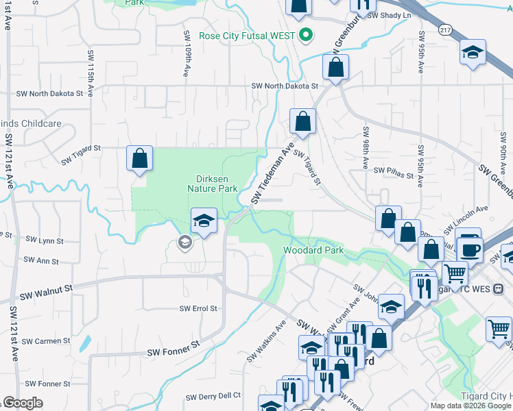 map of restaurants, bars, coffee shops, grocery stores, and more near 10480 Southwest Meadow Street in Tigard