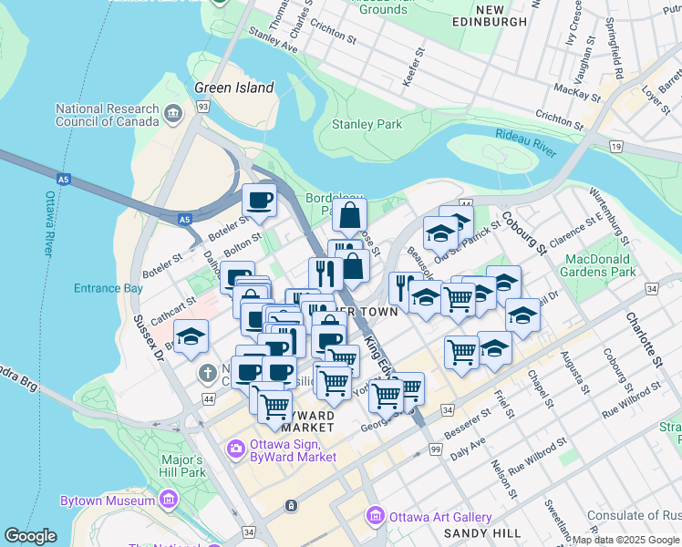 map of restaurants, bars, coffee shops, grocery stores, and more near 175 King Edward Avenue in Ottawa