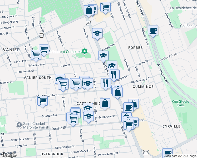 map of restaurants, bars, coffee shops, grocery stores, and more near in Ottawa