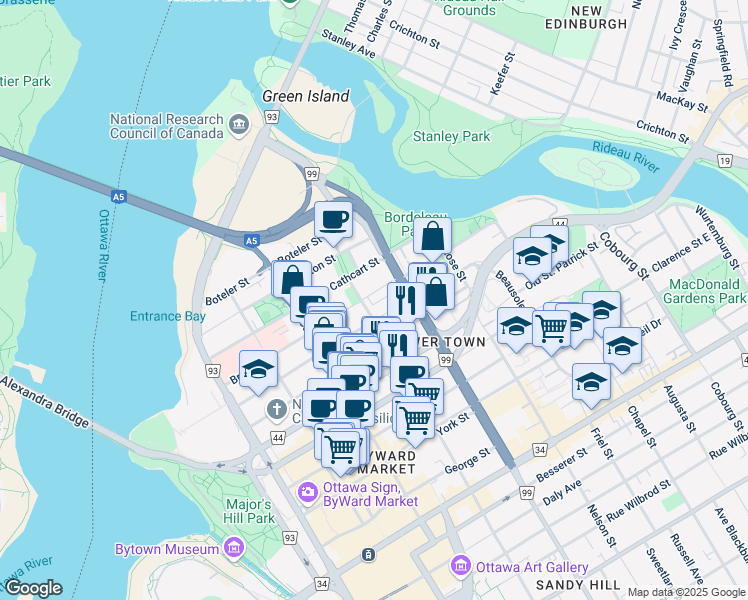map of restaurants, bars, coffee shops, grocery stores, and more near in Ottawa