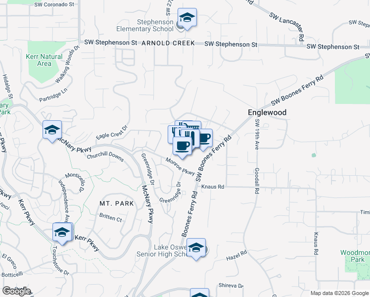 map of restaurants, bars, coffee shops, grocery stores, and more near 3-11 Monroe Pkwy in Lake Oswego