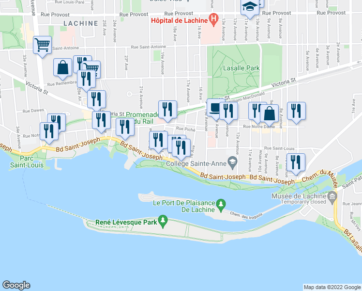 map of restaurants, bars, coffee shops, grocery stores, and more near 91 17e Avenue in Montréal