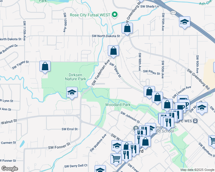 map of restaurants, bars, coffee shops, grocery stores, and more near 10270 Southwest Meadow Street in Tigard