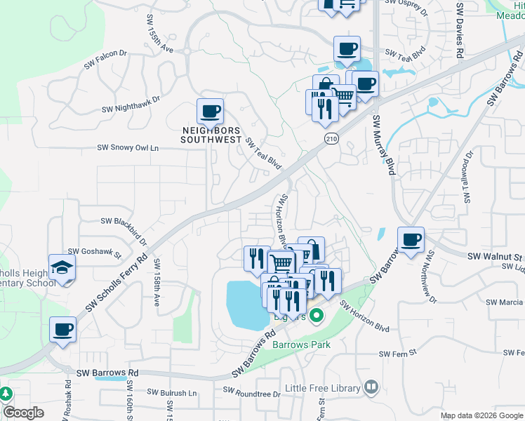 map of restaurants, bars, coffee shops, grocery stores, and more near 15139 Southwest Canyon Wren Way in Beaverton