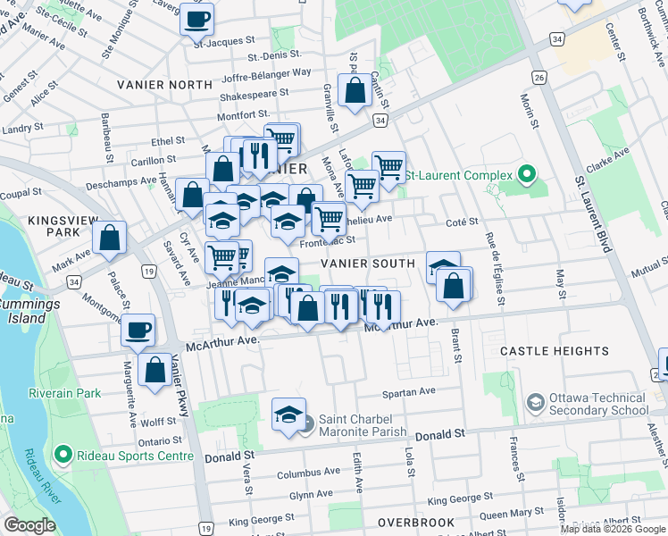 map of restaurants, bars, coffee shops, grocery stores, and more near 310 Blake Boulevard in Ottawa