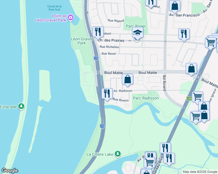map of restaurants, bars, coffee shops, grocery stores, and more near 9316 Rue Riverin in Brossard