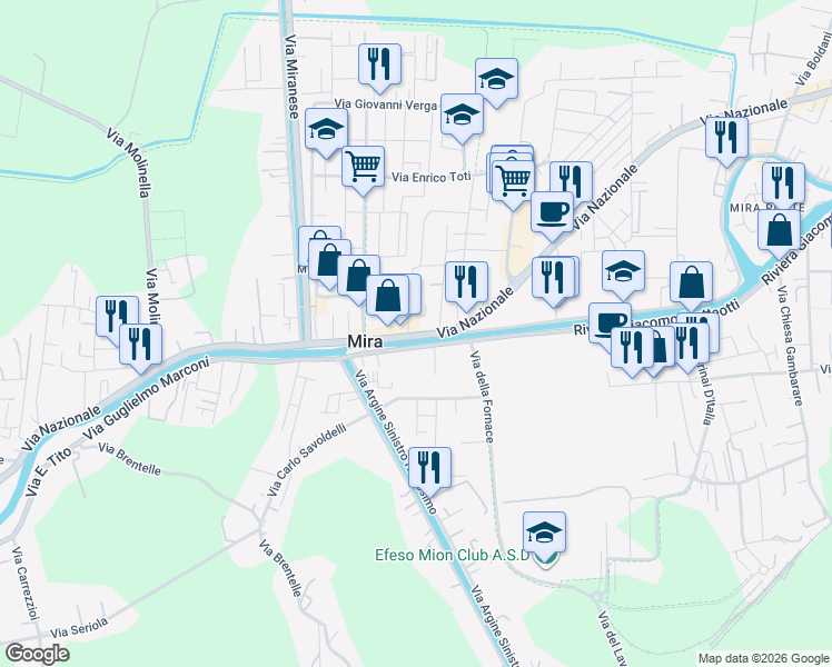 map of restaurants, bars, coffee shops, grocery stores, and more near 180 Via Nazionale in Mira