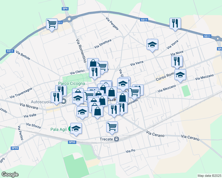 map of restaurants, bars, coffee shops, grocery stores, and more near 6 Via Madonnina in Trecate