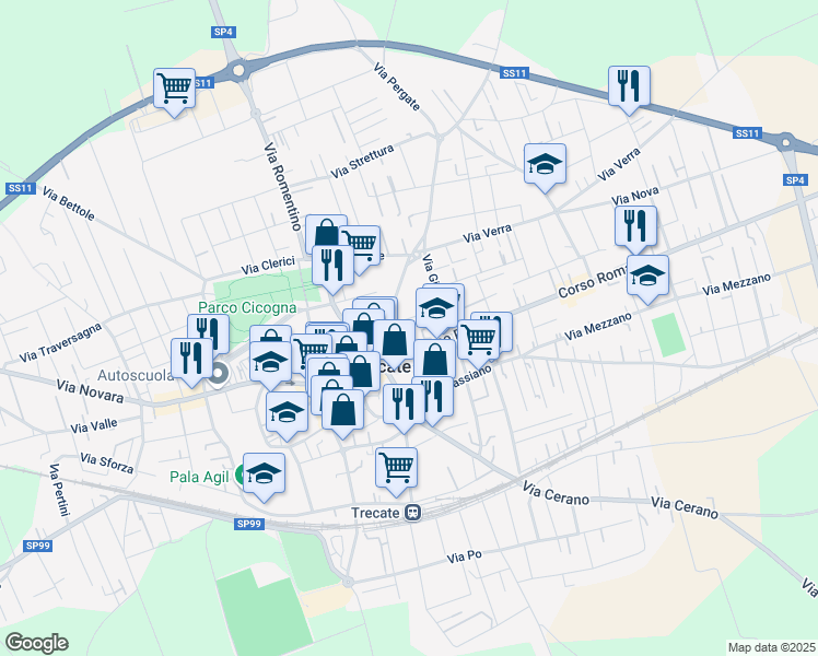 map of restaurants, bars, coffee shops, grocery stores, and more near 6 Via Madonnina in Trecate