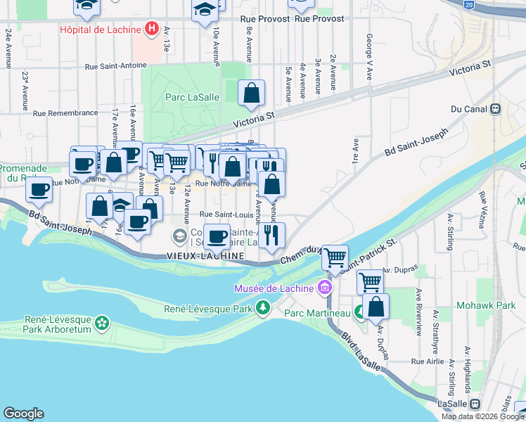 map of restaurants, bars, coffee shops, grocery stores, and more near 111 7e Avenue in Montreal