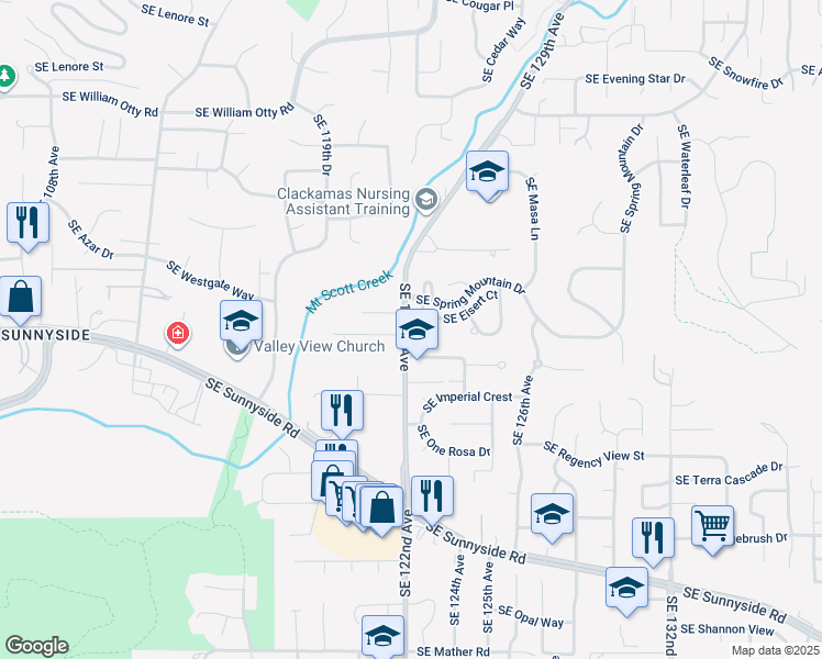 map of restaurants, bars, coffee shops, grocery stores, and more near 12260 Southeast 122nd Avenue in Happy Valley