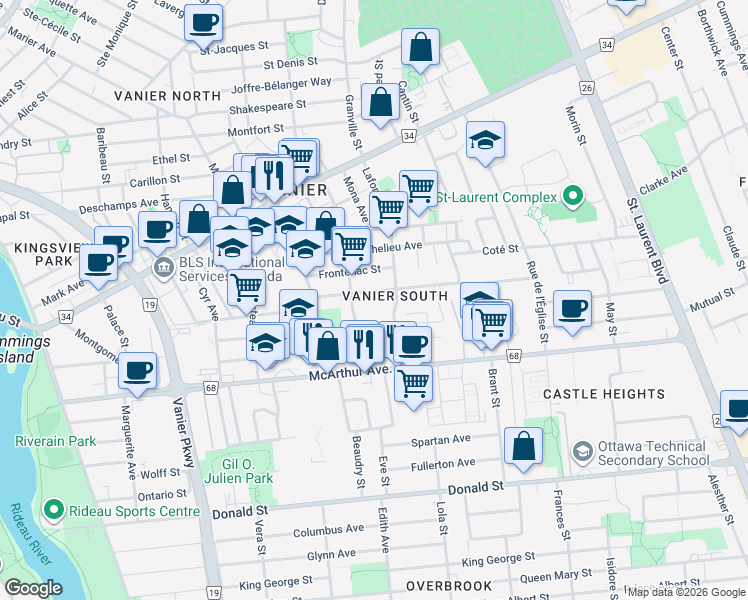 map of restaurants, bars, coffee shops, grocery stores, and more near 328 Blake Boulevard in Ottawa