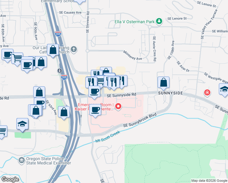 map of restaurants, bars, coffee shops, grocery stores, and more near 10185 SE Sunnyside Rd in Sunnyside