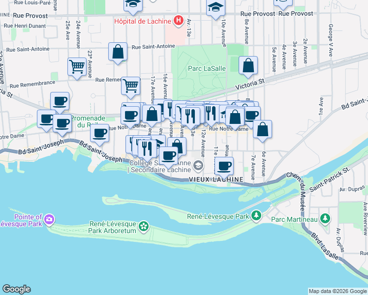 map of restaurants, bars, coffee shops, grocery stores, and more near 112 14e Avenue in Montréal