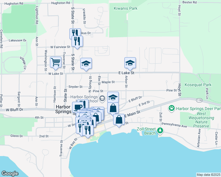 map of restaurants, bars, coffee shops, grocery stores, and more near 500-598 Center St in Harbor Springs