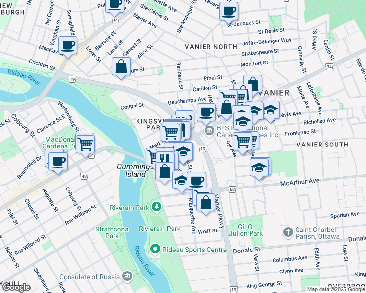 map of restaurants, bars, coffee shops, grocery stores, and more near 80 Ottawa 34 in Ottawa