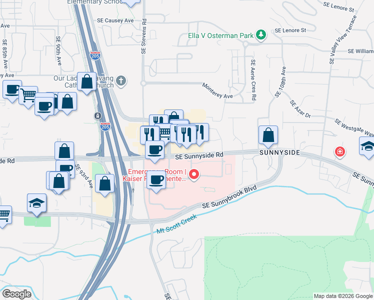 map of restaurants, bars, coffee shops, grocery stores, and more near 10185 Southeast Sunnyside Road in Clackamas