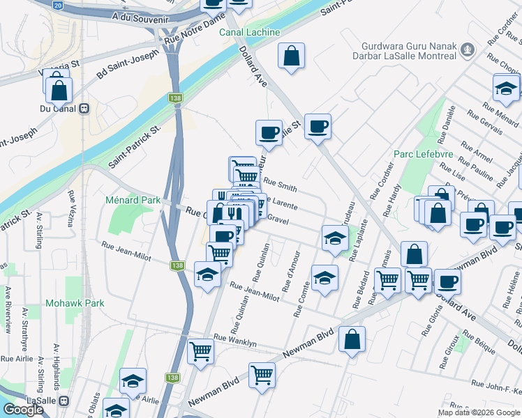map of restaurants, bars, coffee shops, grocery stores, and more near 111 Rue Gravel in Montréal