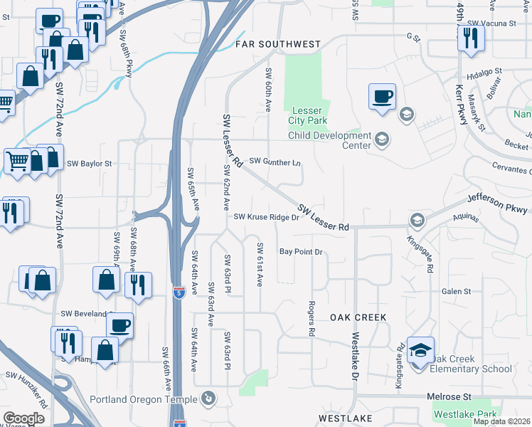 map of restaurants, bars, coffee shops, grocery stores, and more near 6012 Southwest Kruse Ridge Drive in Portland