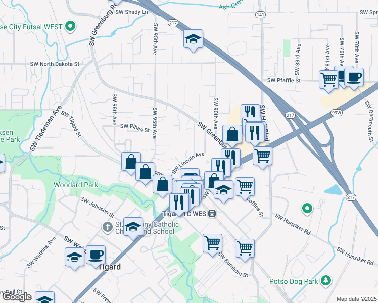 map of restaurants, bars, coffee shops, grocery stores, and more near 12055 Southwest Lincoln Avenue in Tigard