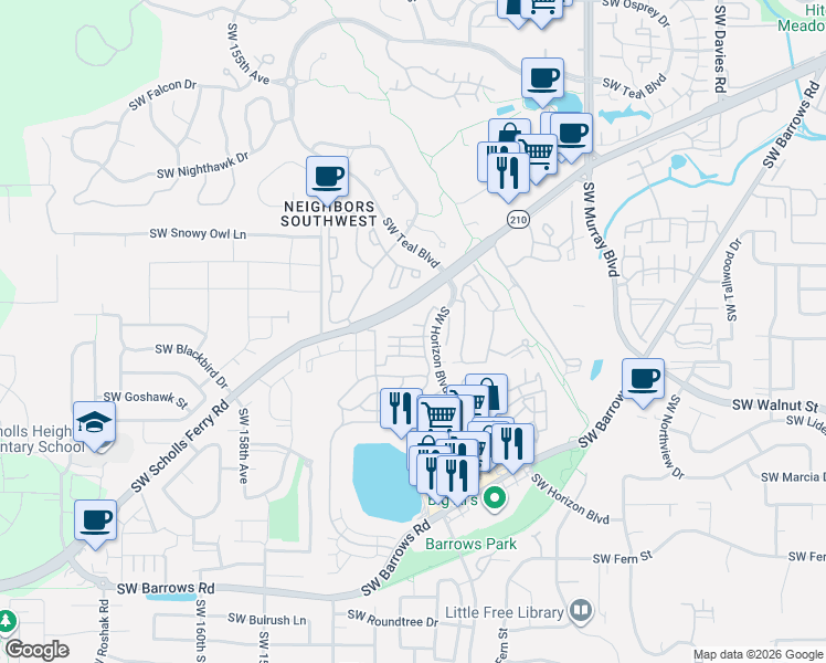 map of restaurants, bars, coffee shops, grocery stores, and more near 15139 Southwest Canyon Wren Way in Beaverton