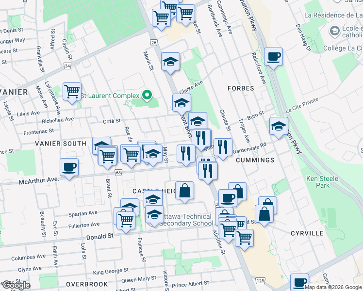 map of restaurants, bars, coffee shops, grocery stores, and more near in Ottawa