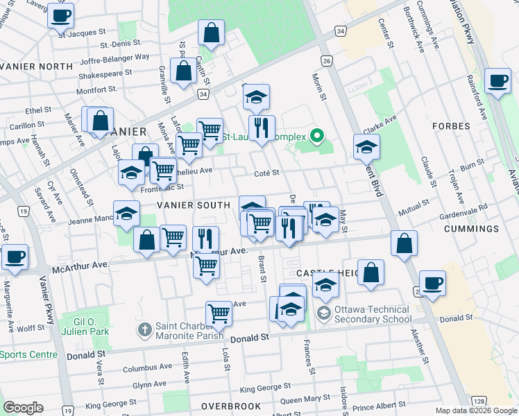 map of restaurants, bars, coffee shops, grocery stores, and more near 370 Belisle Street in Ottawa