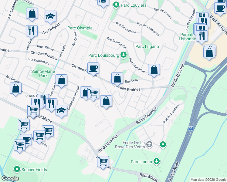 map of restaurants, bars, coffee shops, grocery stores, and more near 4505 Chemin des Prairies in Brossard