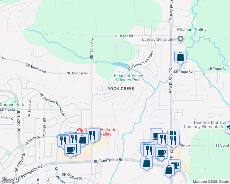 map of restaurants, bars, coffee shops, grocery stores, and more near 16559 Southeast Sunshower Place in Happy Valley