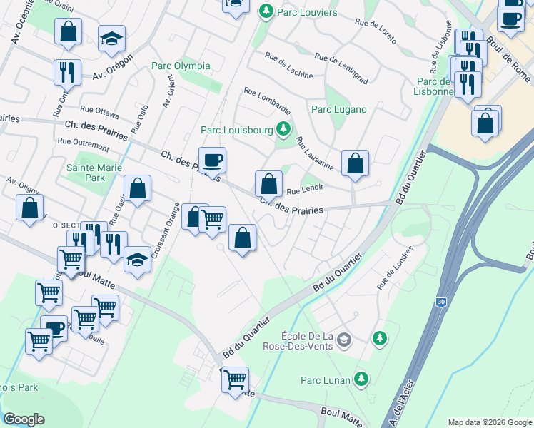 map of restaurants, bars, coffee shops, grocery stores, and more near 4505 Chemin des Prairies in Brossard