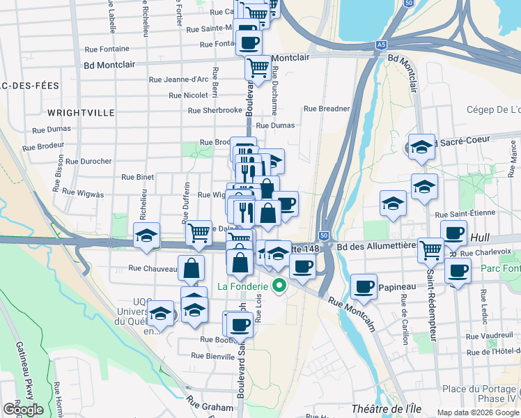 map of restaurants, bars, coffee shops, grocery stores, and more near 87 Rue Lois in Gatineau