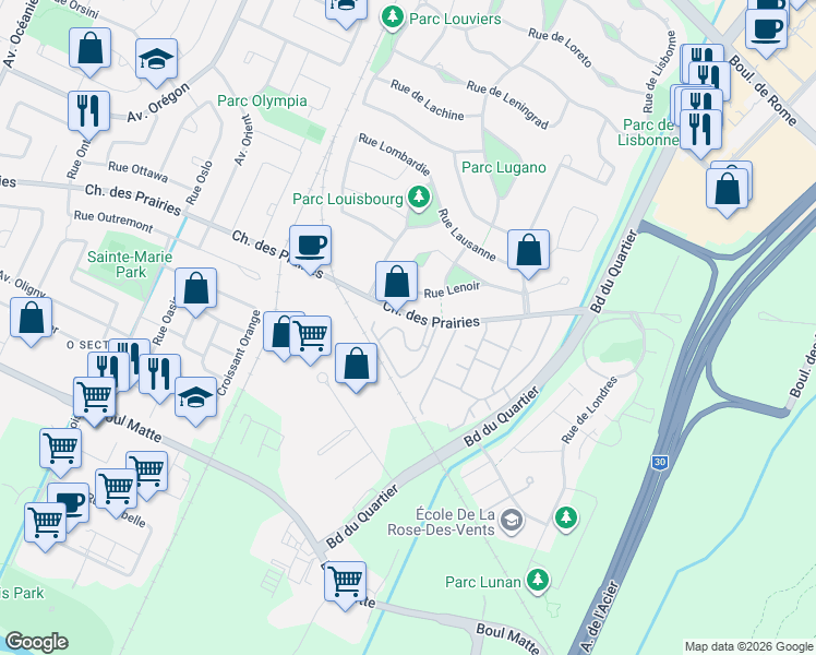 map of restaurants, bars, coffee shops, grocery stores, and more near 4435 Chemin des Prairies in Brossard