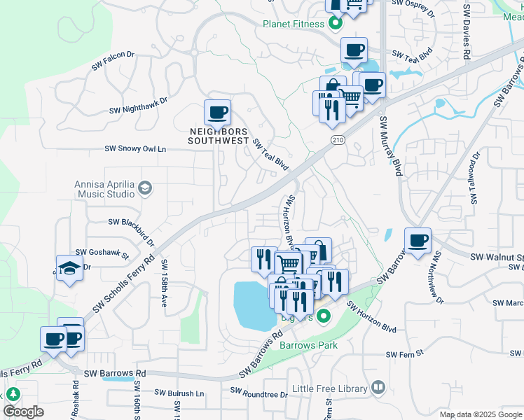 map of restaurants, bars, coffee shops, grocery stores, and more near 15127 Southwest Canyon Wren Way in Beaverton