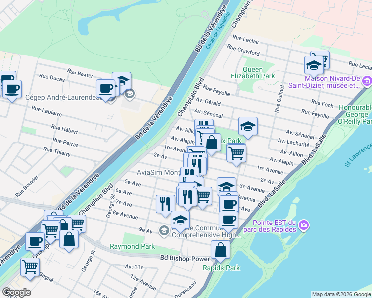 map of restaurants, bars, coffee shops, grocery stores, and more near 303 1re Avenue in Montréal