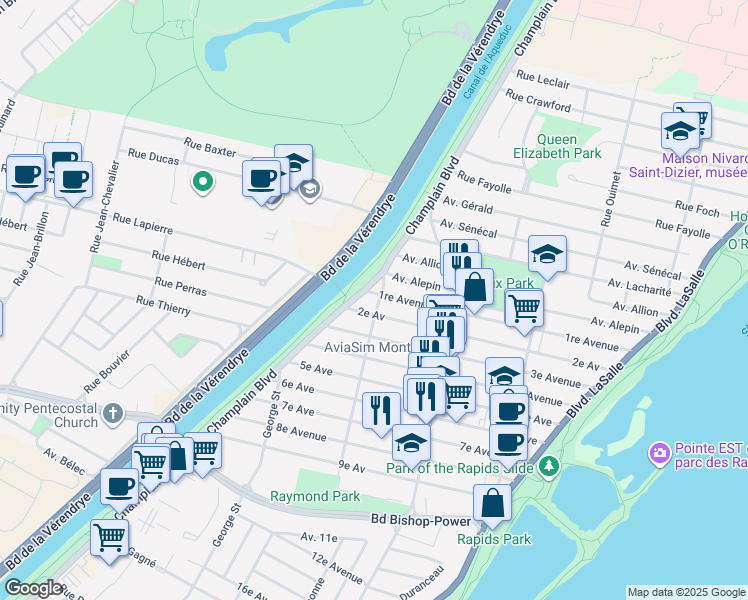 map of restaurants, bars, coffee shops, grocery stores, and more near 7567 Rue Broadway in Montréal