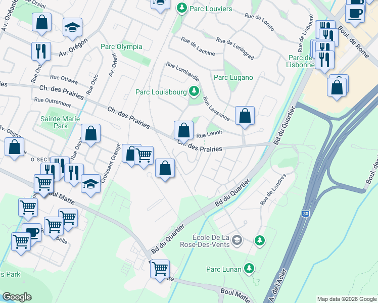 map of restaurants, bars, coffee shops, grocery stores, and more near 4435 Chemin des Prairies in Brossard