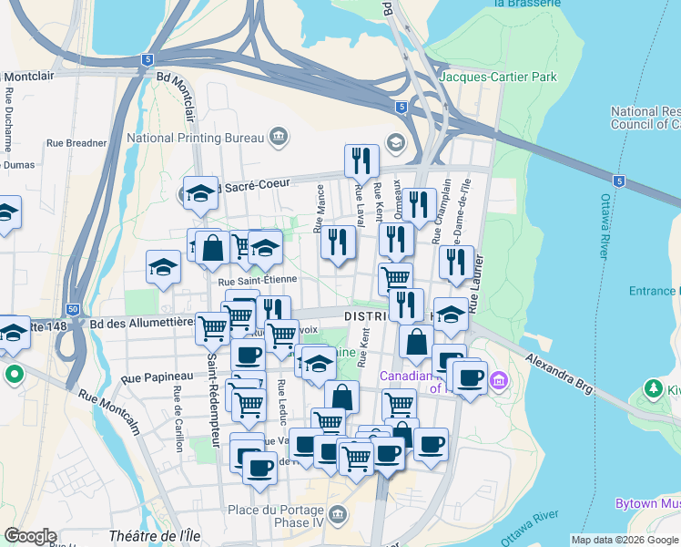 map of restaurants, bars, coffee shops, grocery stores, and more near 95 Rue Saint-Étienne in Gatineau
