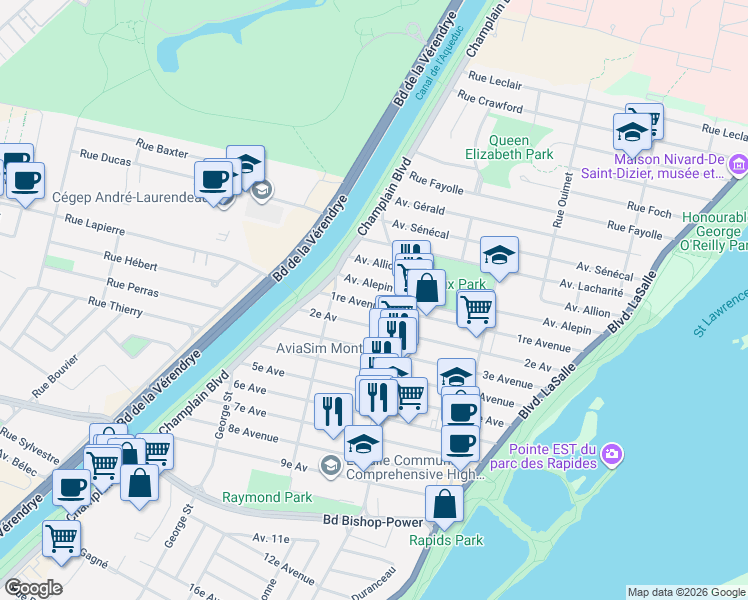 map of restaurants, bars, coffee shops, grocery stores, and more near 303 1re Avenue in Montréal