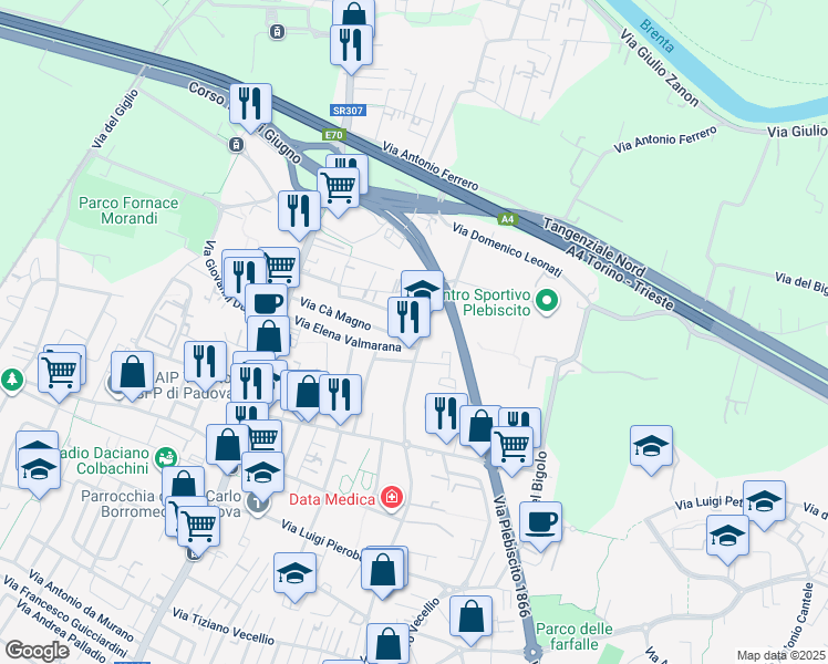 map of restaurants, bars, coffee shops, grocery stores, and more near 31 Via Libero Benedetti in Padova