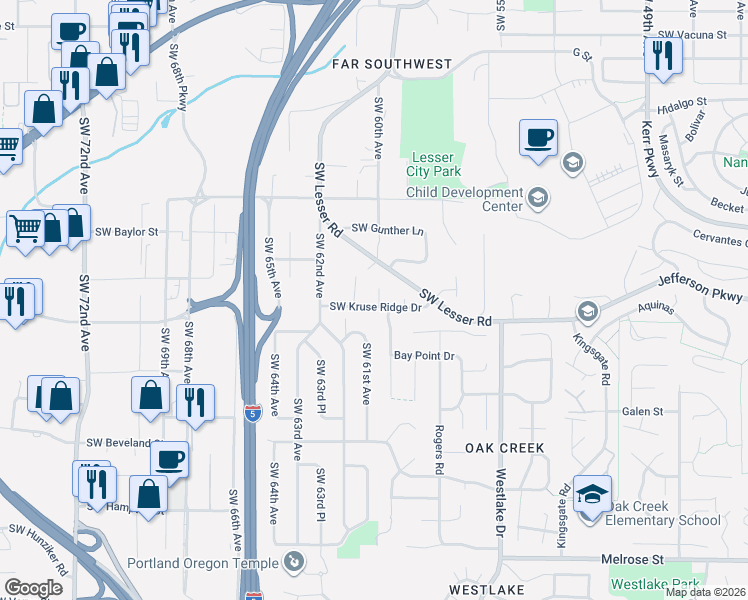 map of restaurants, bars, coffee shops, grocery stores, and more near 6012 Southwest Kruse Ridge Drive in Portland