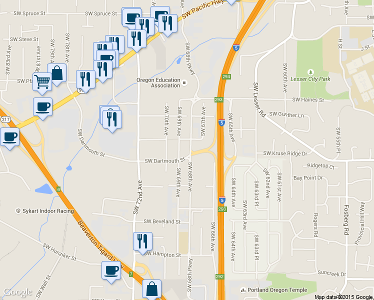 map of restaurants, bars, coffee shops, grocery stores, and more near 11955 Southwest 68th Avenue in Tigard