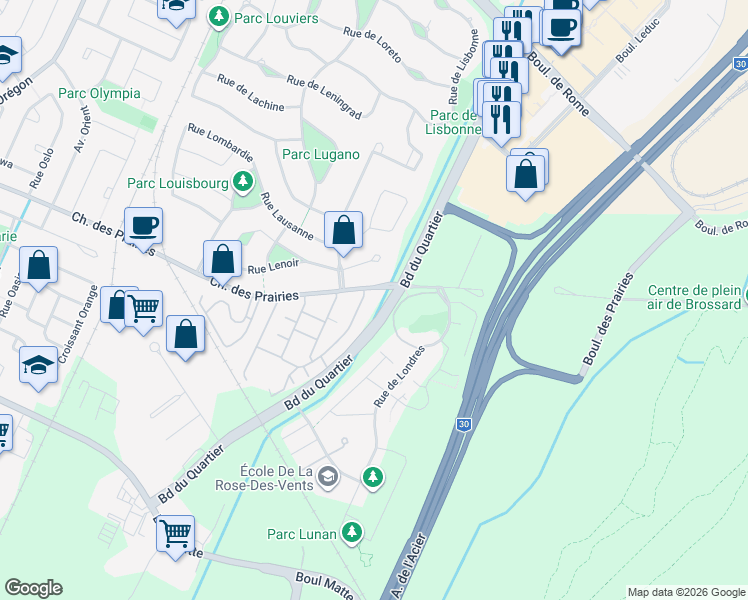 map of restaurants, bars, coffee shops, grocery stores, and more near 9194 Croissant du Louvre in Brossard
