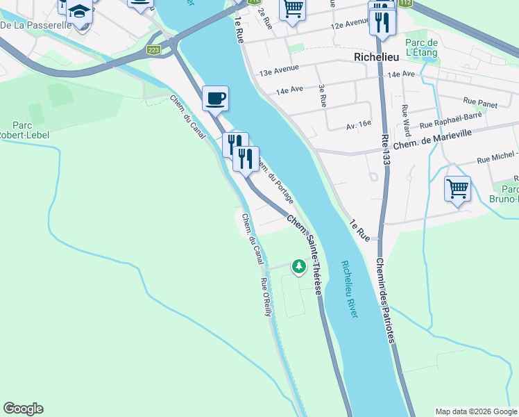 map of restaurants, bars, coffee shops, grocery stores, and more near Rue Power in Carignan